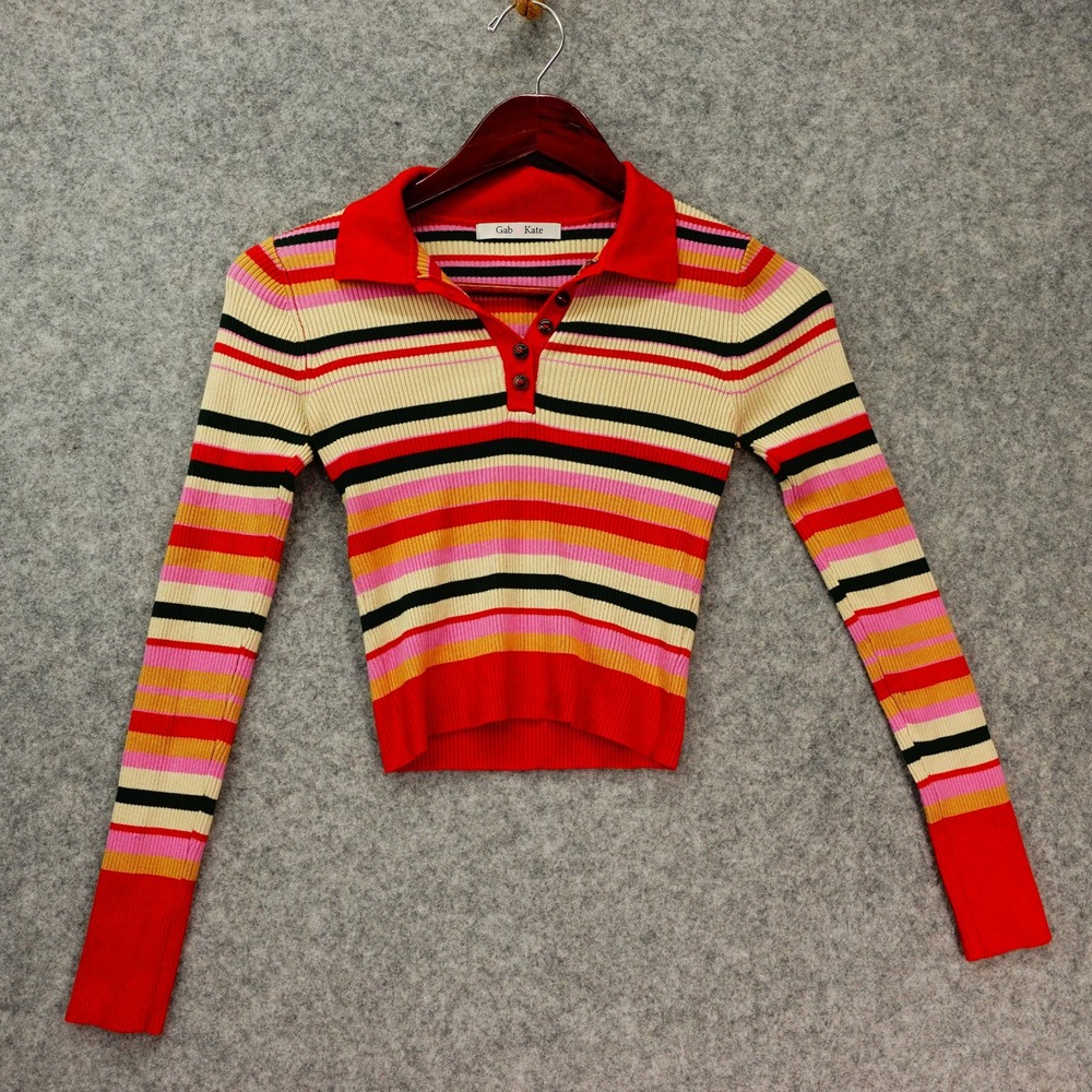 Y2K Kidcore Polo Top Womens SMALL Rainbow Stripe 70s Indie Crop Sweater GAB KATE